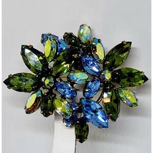 GORGEOUS Vtg Regency AB Blue/Green Dimensional Rhinestones DOUBLE Flower Brooch